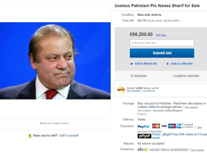 Prime Minister Nawaz Sharif being sold for 66 thousand Pounds online, you can bid too
