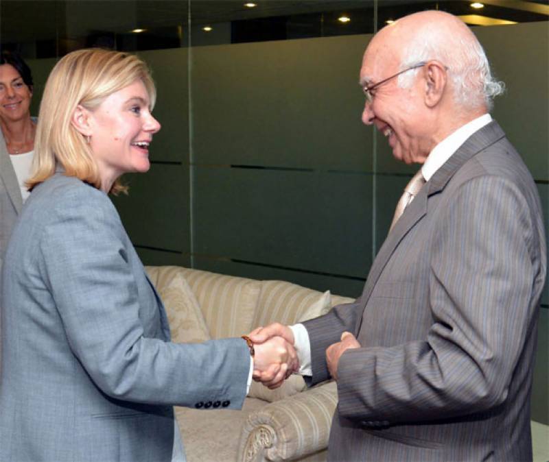 UK Secretary of State Justine Greening calls on Sartaj Aziz