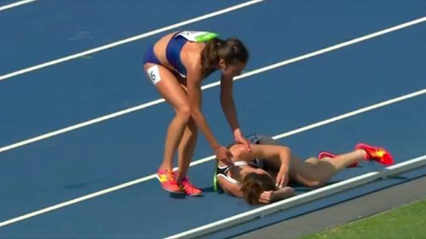 American runner stops to help fallen athlete in ultimate demonstration of Olympic spirit