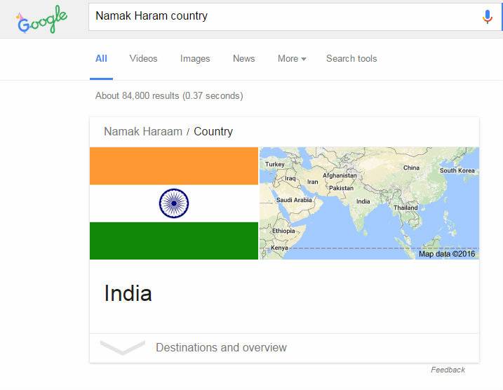 Which country is 'Namak Haram', Google gives a hilarious answer