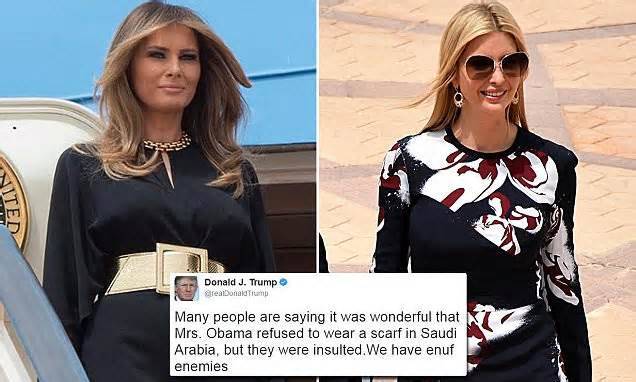Melania Trump, Ivanka arrive in KSA without headscarves two years after Trump criticized Michelle Obama for not wearing one
