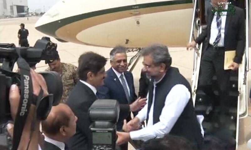 Khaqan Abbasi arrives in Karachi on first trip as prime minister