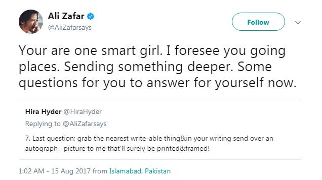 Is Ali Zafar 'flirting' with this 'very young' Pakistani girl over Twitter?