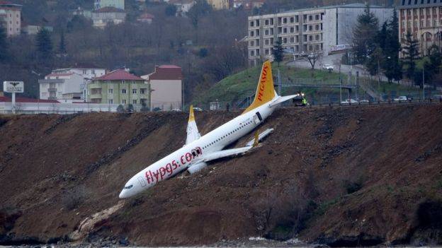 VIDEO: Turkey plane skids off runway and gets stuck on cliff edge