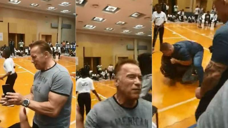 Arnold Schwarzenegger drop-kicked from behind in South Africa