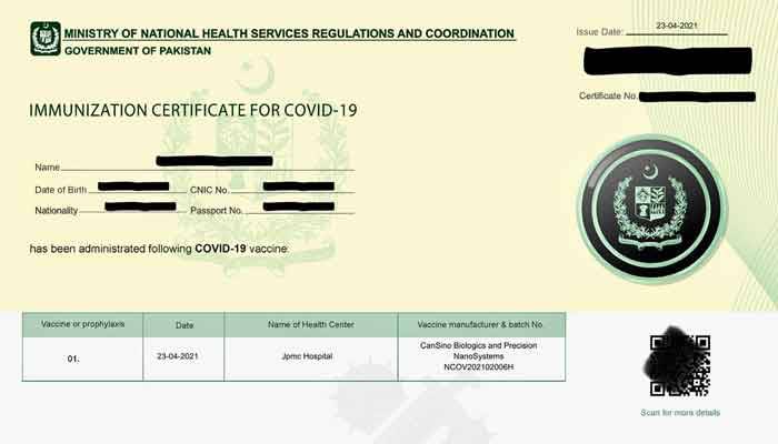 Nadra-issued vaccination certificate now acceptable in UK