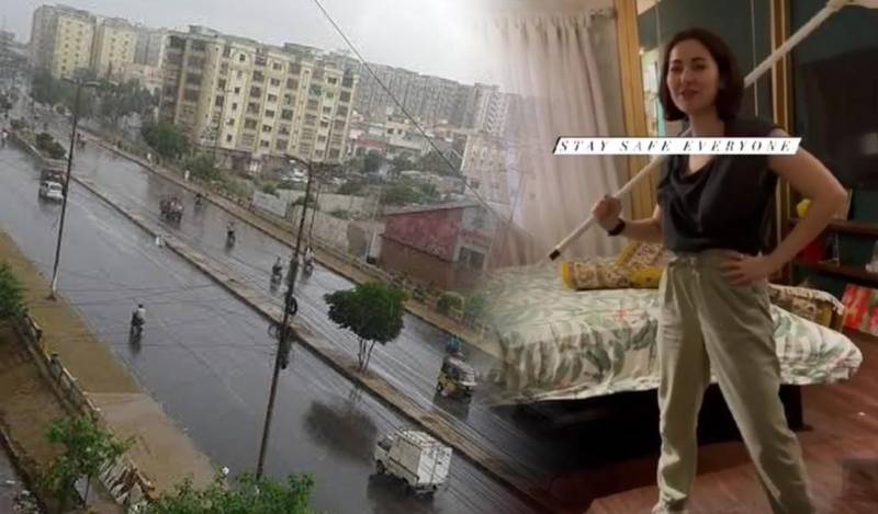 Hania Aamir in action to keep rainwater out of her Karachi apartment amid new monsoon spell