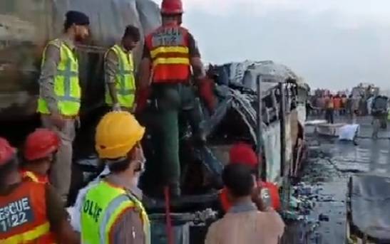 At least 20 passengers killed after Karachi-bound sleeper bus rams into oil tanker on motorway