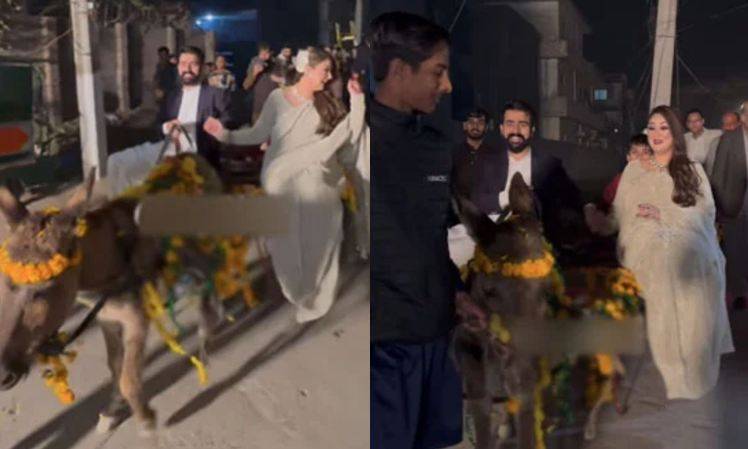 Pakistani bride and groom make entry on donkey cart as fuel prices rise to record high