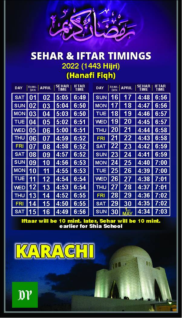 Karachi Sehri and Iftar Time Calendar Ramadan 2022, Ramazan 2022