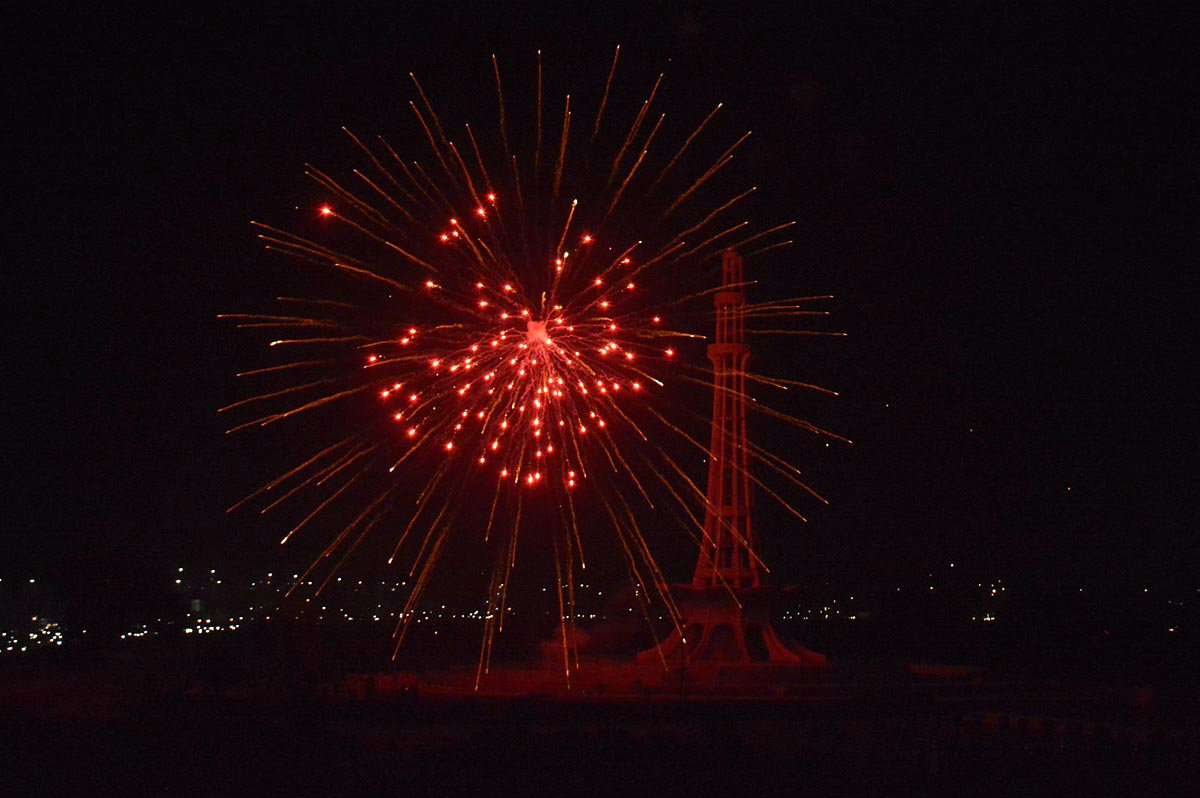 From where it all started: Fireworks at Minar-e-Pakistan in Lahore.–Online