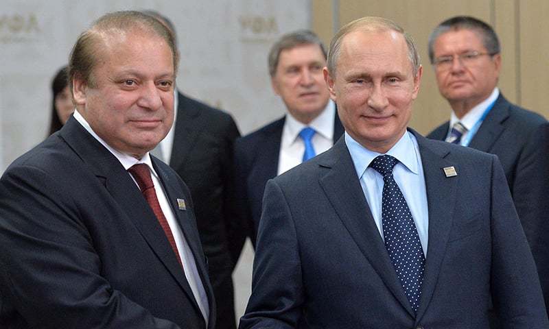 Russian President Vladimir Putin shakes hands with Pakistani Prime Minister Nawaz Sharif during the SCO summit in Ufa, Russia.