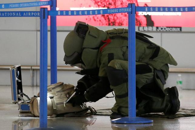 A bomb disposal expert checks a luggage near the site of a blast at a terminal in Shanghai's Pudong International Airport, China, June 12, 2016. REUTERS/Aly Song