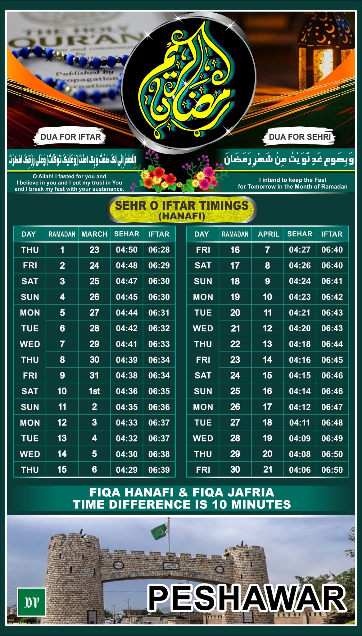 Peshawar Sehri and Iftar Time Calendar Ramadan 2023, Ramazan 2023