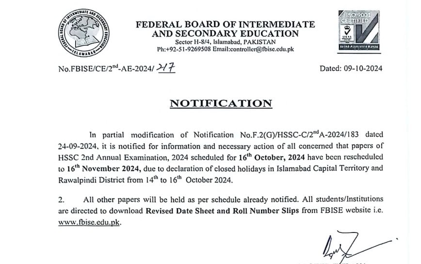 Fbise Postpones Inter Part 2 2nd Annual Exam Scheduled For Oct 16 