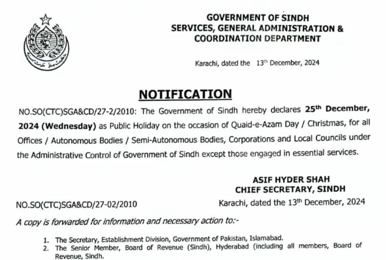 Public Holiday Announced In Sindh On Wednesday 