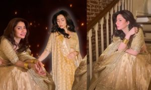 Mahira Khan Radiates Elegance In Indian Designer Manish Malhotras Golden Lehenga