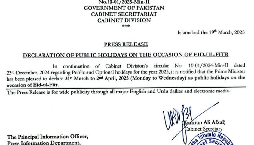 Pakistan Govt Formally Announces Eid Ul Fitr 2025 Holidays See Notification 