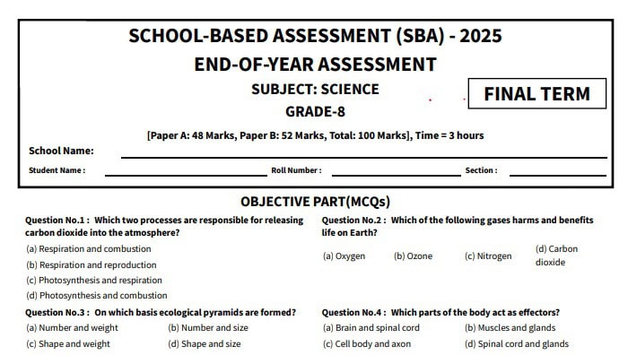 Sba Final Term 2025 Class 8 Exams Science Papers And Keys