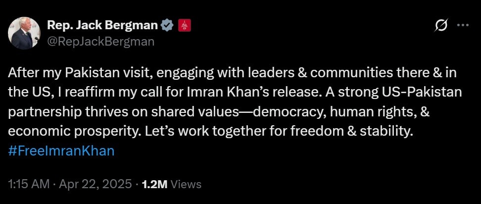 Free Imran Khan Us Congressman Jack Bergman Reaffirms Call After Pakistan Visit 