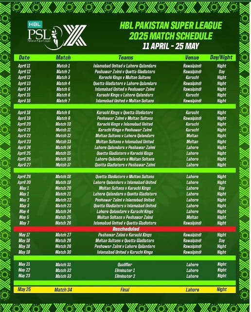 Hbl Psl 10 Full Schedule For Remaining Matches Released 