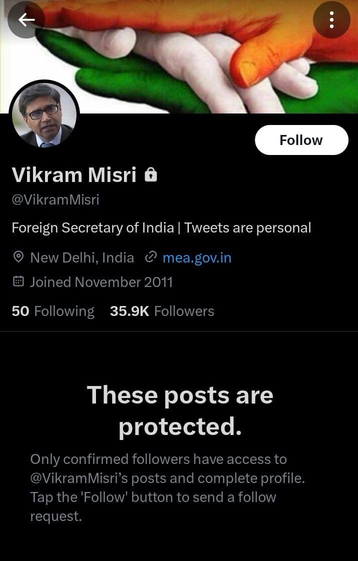 Indian Foreign Secretary Vikram Misri Locks Twitter Amid Ceasefire 