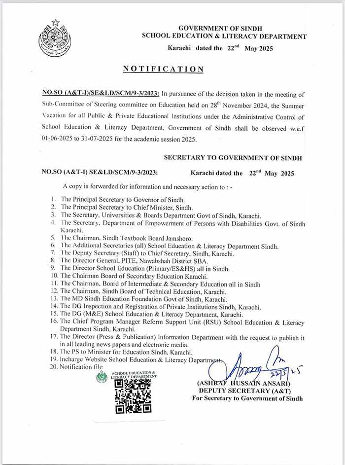 Summer Holidays Announced For Schools Across Sindh 
