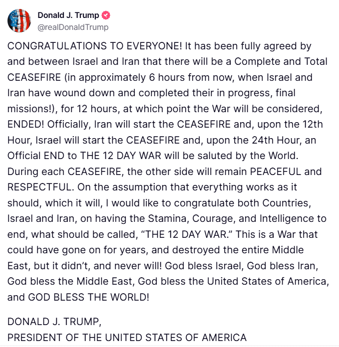 Trump Announces Iran Israel Ceasefire After 12 Day War 