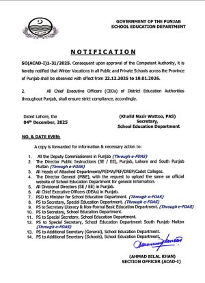 Punjab Announces Winter Holidays For Public And Private Schools 