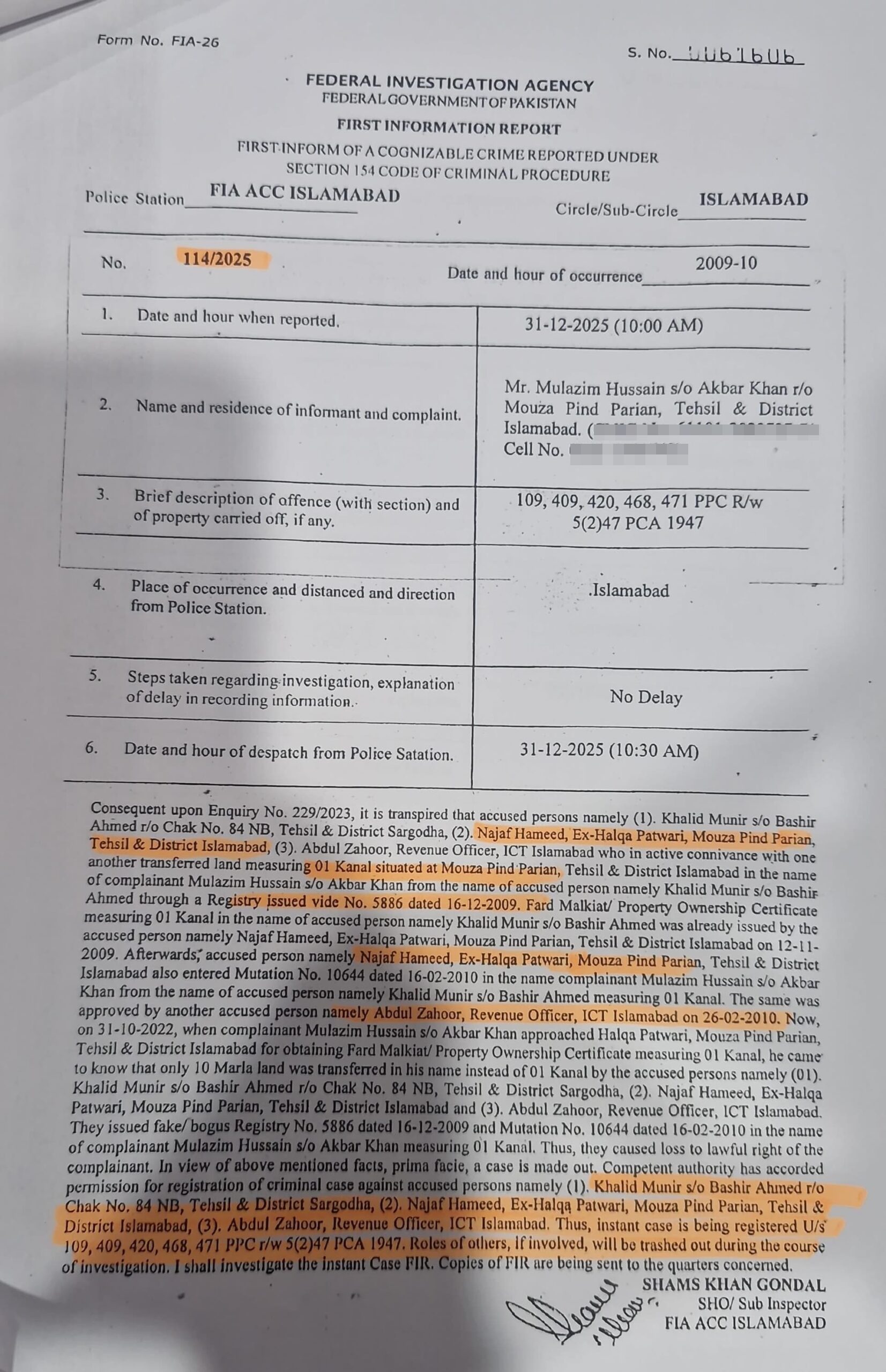 Faiz Hameed's brother Najaf booked in Land Forgery Scandal