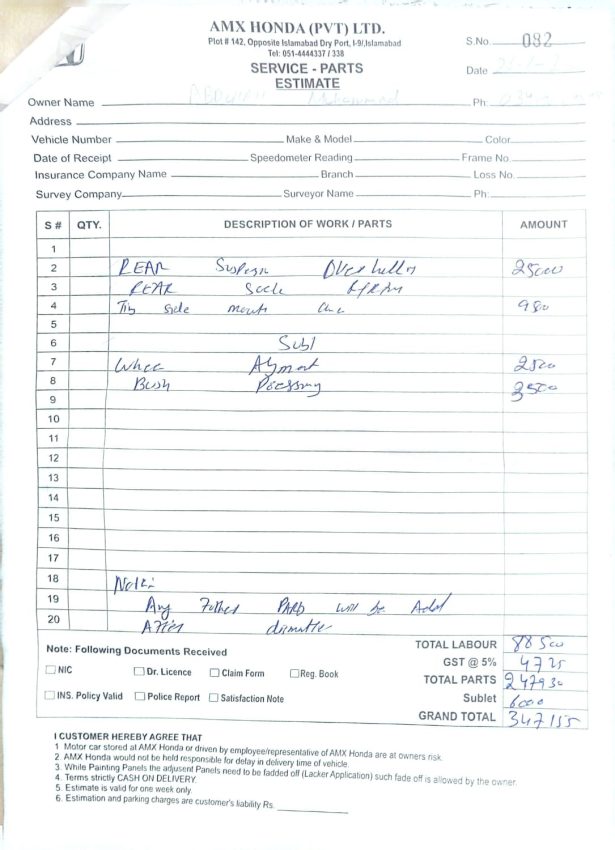Islamabad Honda Workshops Rs 3 47 Lac Quotation Comes Under Fire As Fault Fixed For Rs3350 
