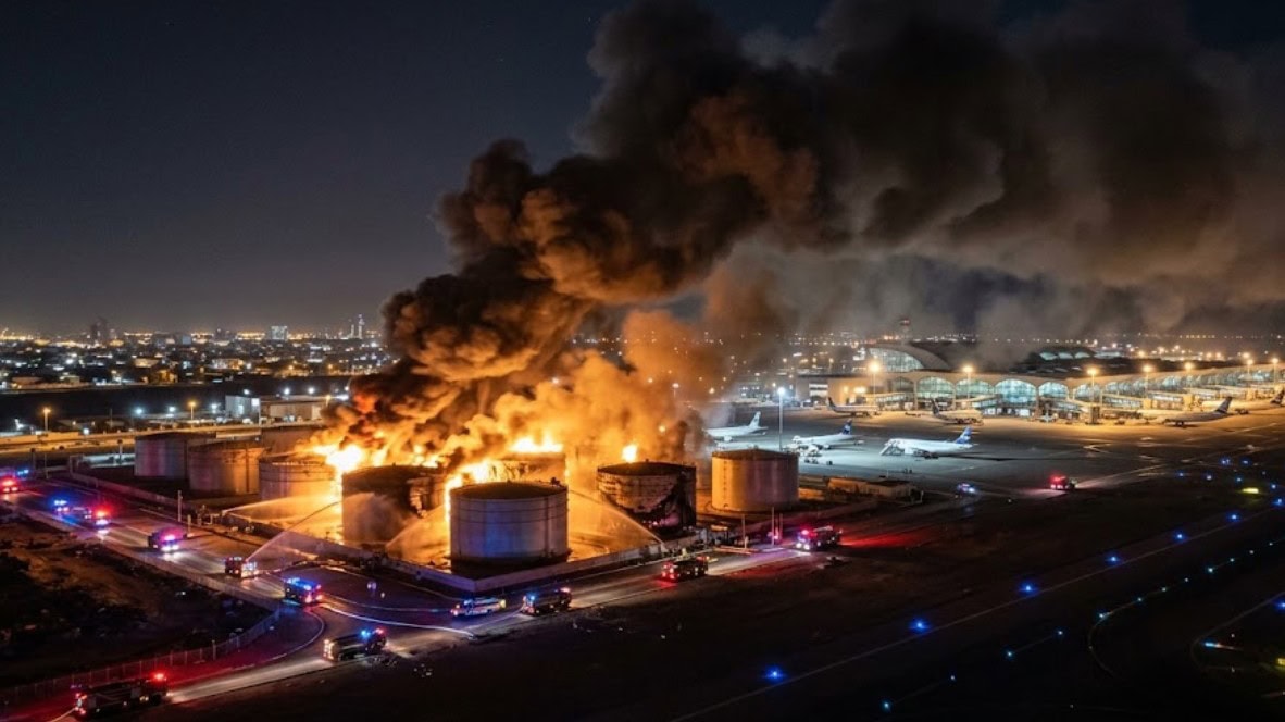 Kuwait Airport fuel depot hit by Iranian Suicide Drones, causing huge Fire (VIDEO)