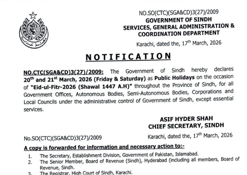 Sindh Eid Ul Fitr 2026 Holidays Notification 