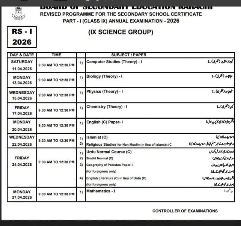 Karachi Board Biek Shares New Datesheet For Matric Exams 2026 