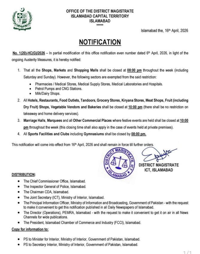 New Timings Issued For Islamabad Shops Restaurants And Businesses Under Austerity Drive 