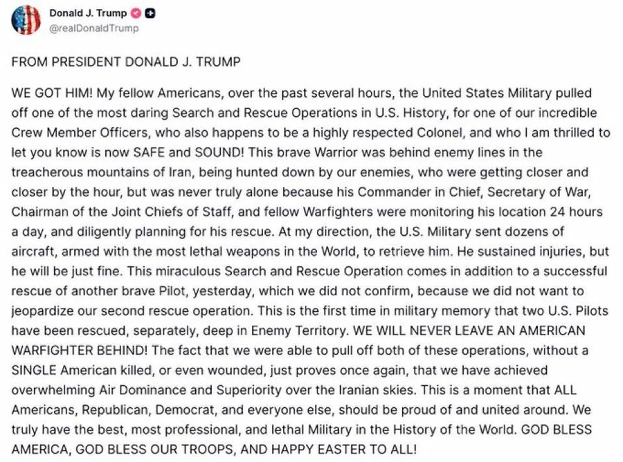 Trump Says Us Forces Pull Off Epic Rescue Of Missing Pilot In Iran 