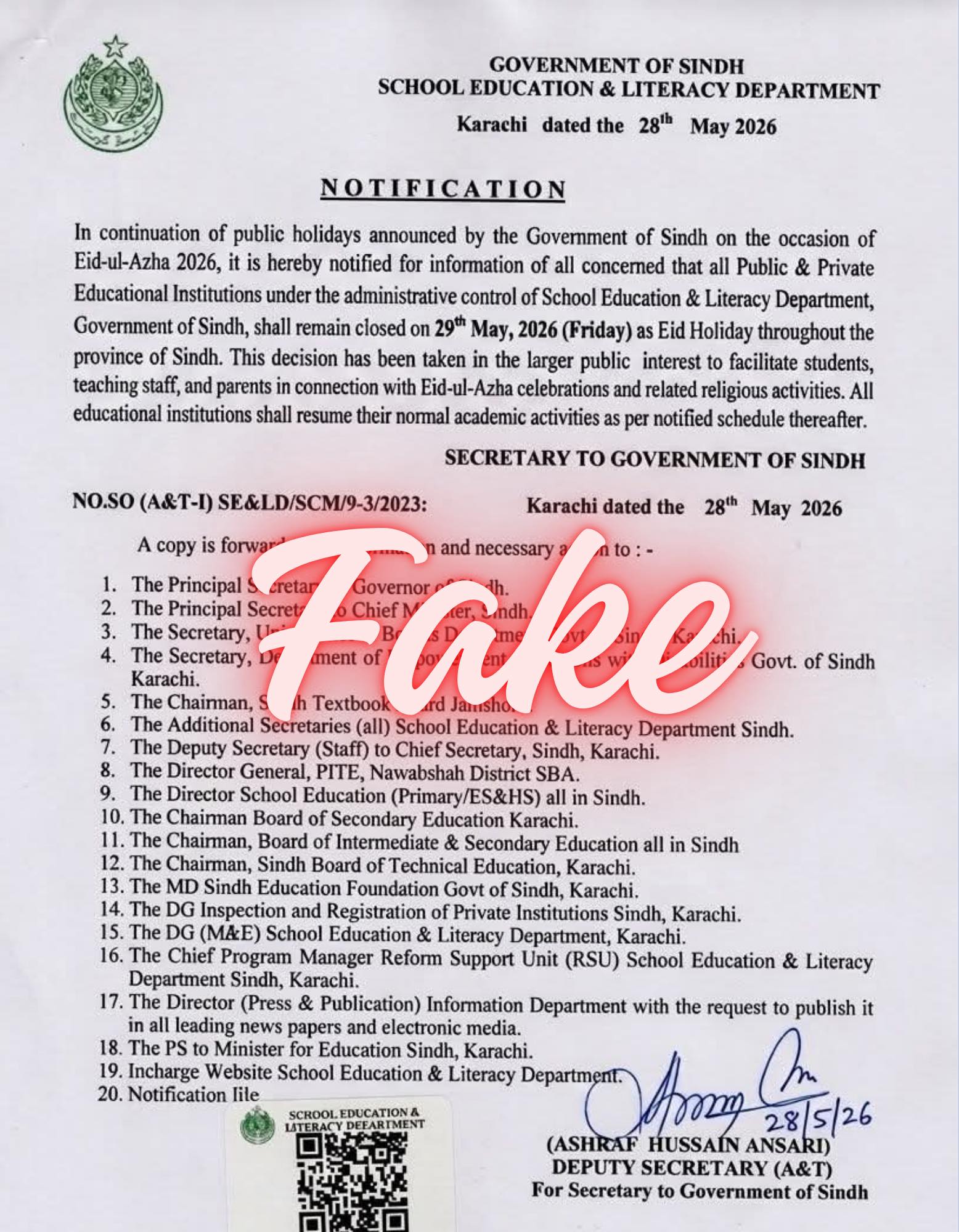 Fake News Alert Sindh Education Department Clears Air On Viral Holiday Notification 