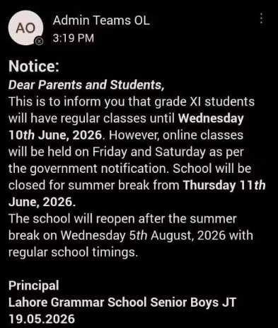 Lgs Under Fire Continuing Classes Until June 10 Despite Punjab Summer Vacations 