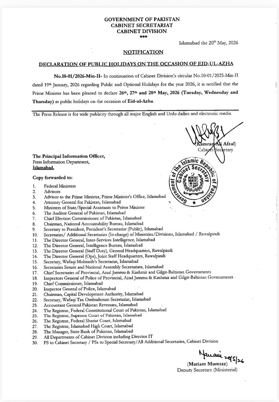 Pakistan Announces Eidul Azha 2026 Holidays 
