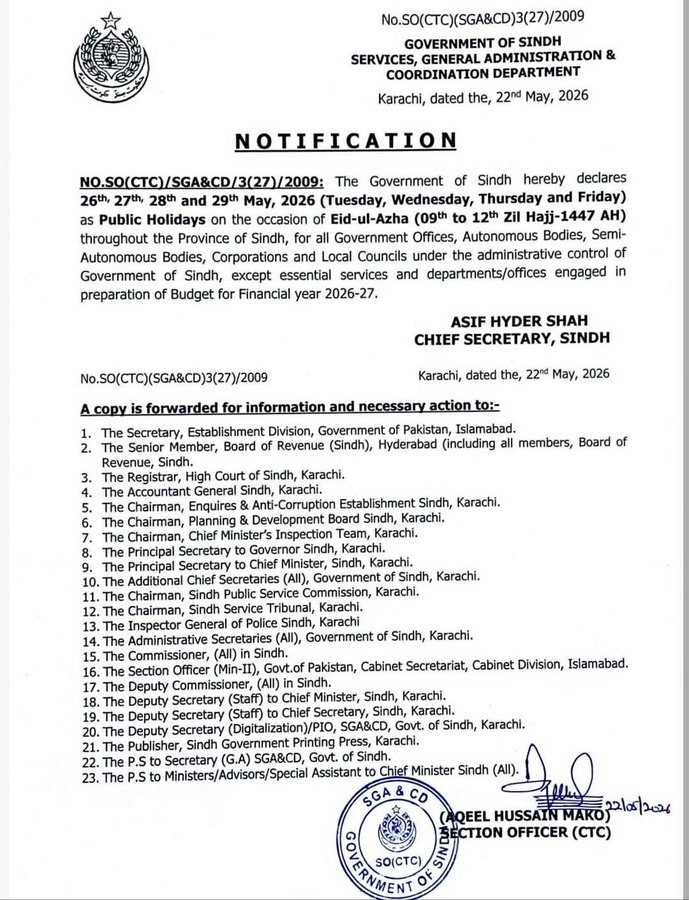 Sindh Announces 4 Day Eid Ul Azha Holidays 