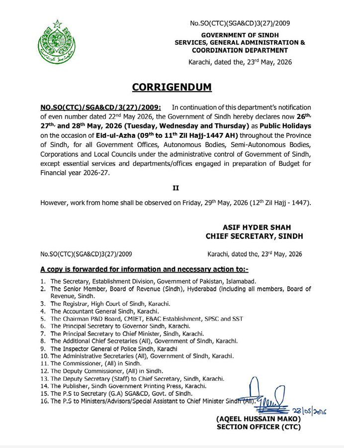 Sindh Govt Cuts Eid Ul Azha Holidays From 4 Days To 3 New Notification Here