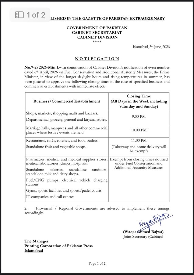 Pakistans New Market Timings Notification June 2026 