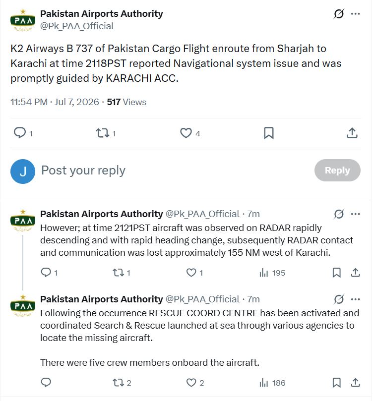 Cargo Plane Crashes Into Arabian Sea After Losing Contact Near Karachi 