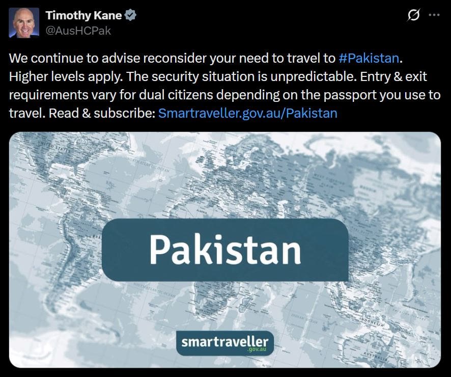 Australia Warns Citizens Against Pakistan Travel Citing Security Situation 