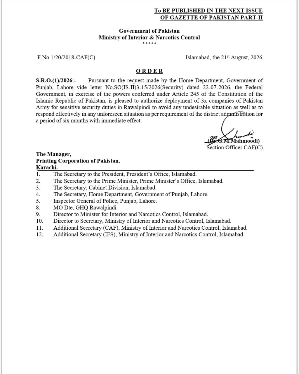 Govt Approves Deployment Of Three Army Companies In Rawalpindi For 6 Months 