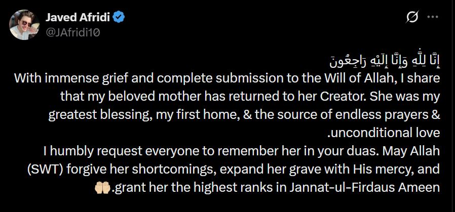 My Greatest Blessingjaved Afridi Remembers Late Mother In Emotional Message 