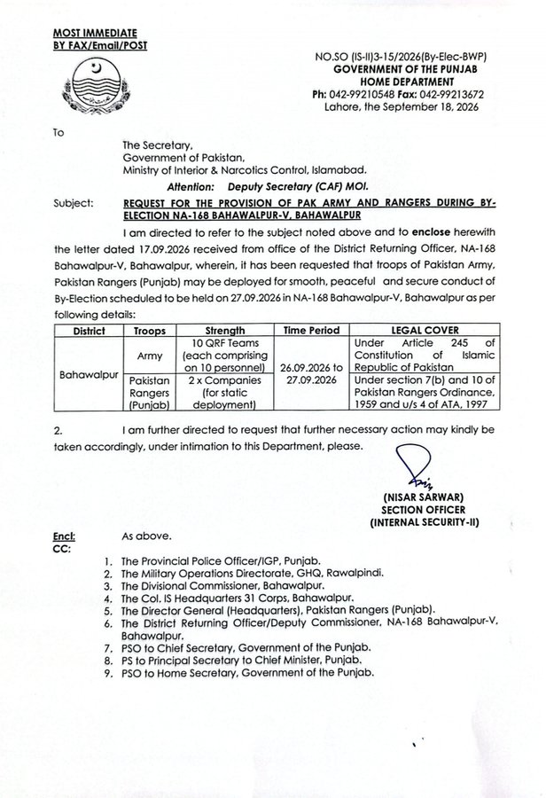 Army Rangers Deployment Requested For Na 168 Bahawalpur By Elections