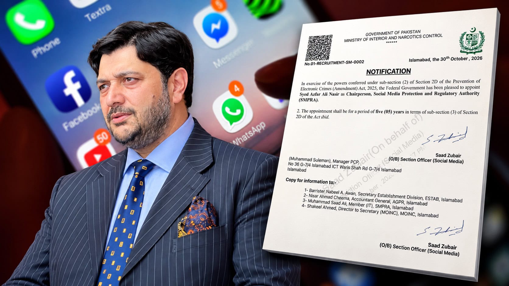 Azfar Ali Nasir named New Chief of Social Media Protection and Regulatory Authority