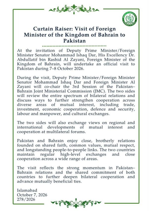 Bahrain Fm Al Zayani Due In Pakistan Today For Trade Defence Talks 