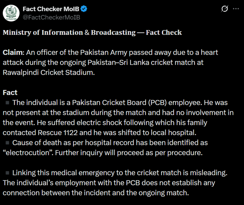 Fact Check Did Pak Army Officer Die Of Heart Attack During Pakistan Sri Lanka Pindi Match 